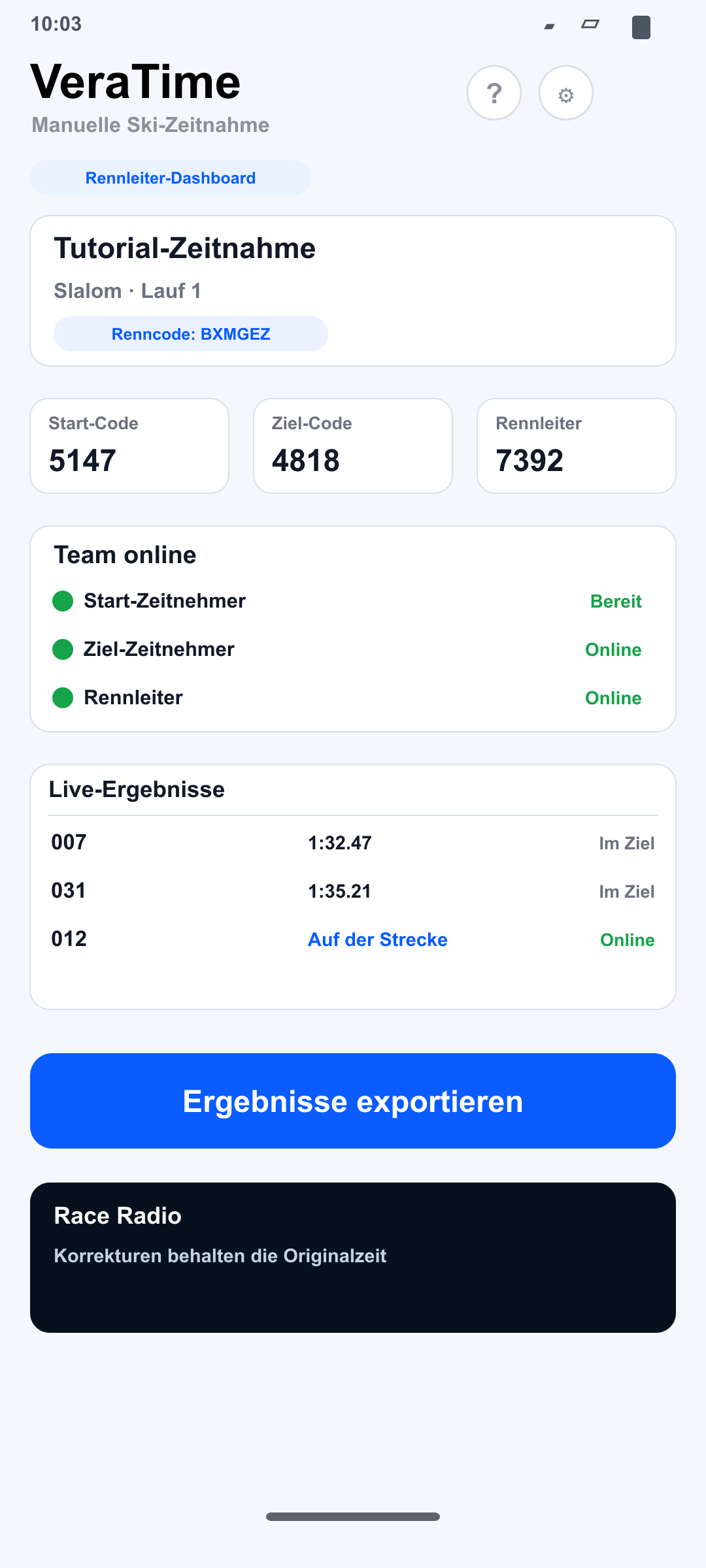 Rennleiter-Dashboard auf Android