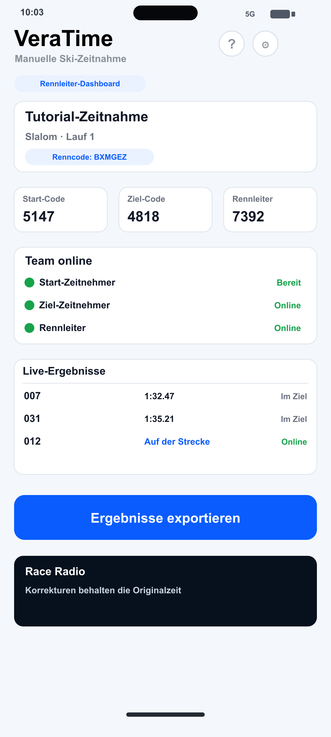 Rennleiter-Dashboard auf iPhone