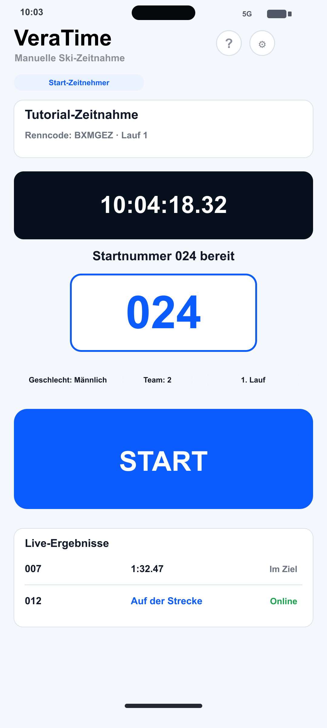 Start-Zeitnehmer-Ansicht auf iPhone