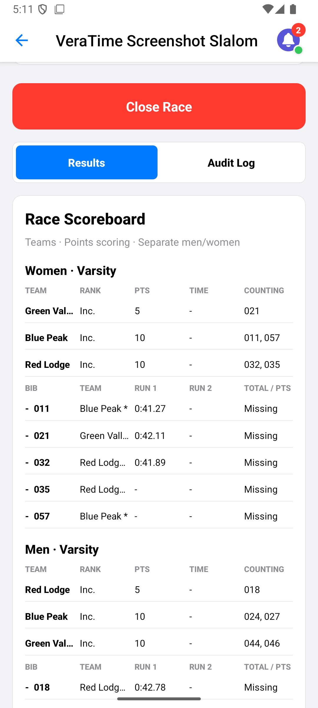 Android Race Director dashboard