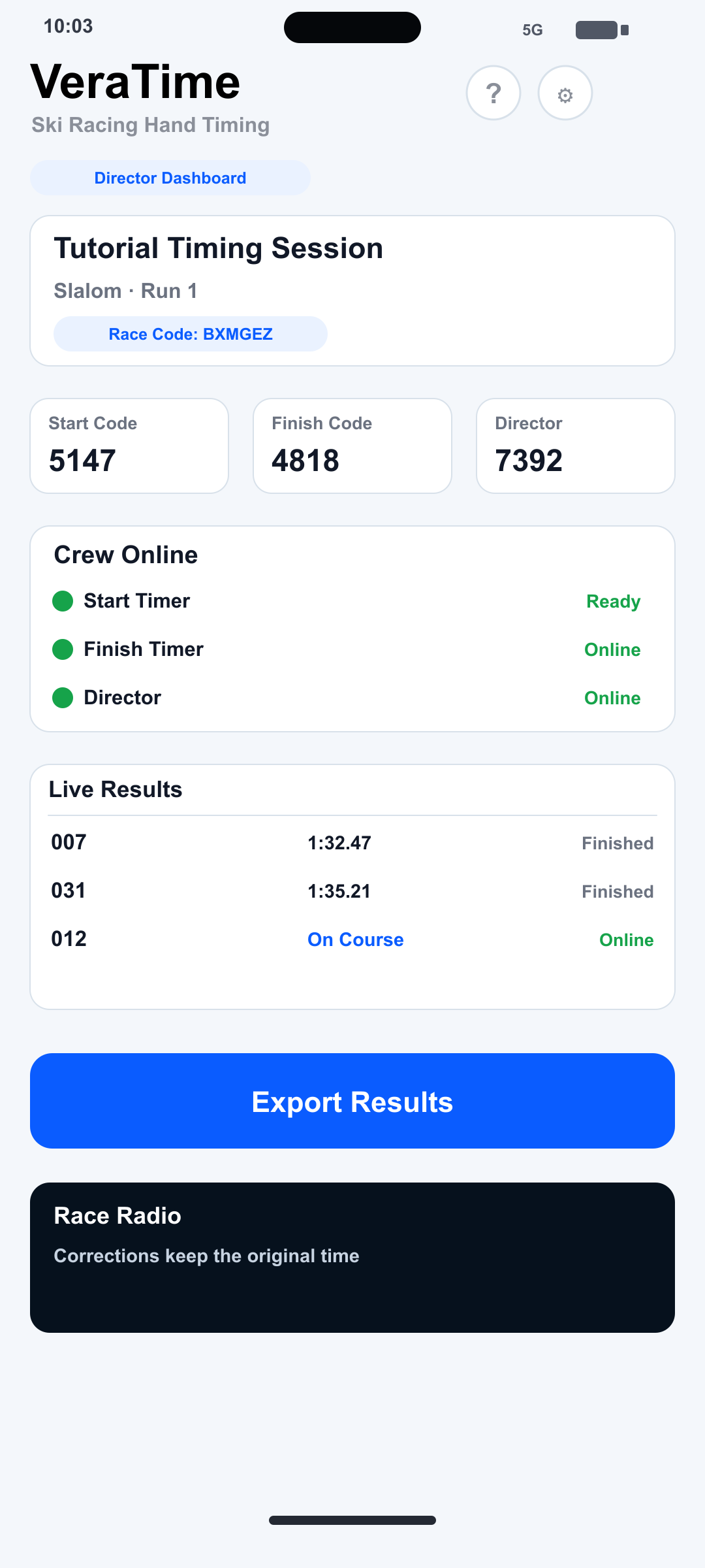 iPhone Race Director dashboard