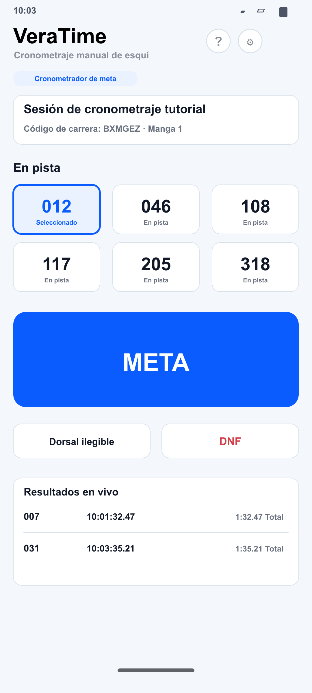 Pantalla del Cronometrador de meta en Android