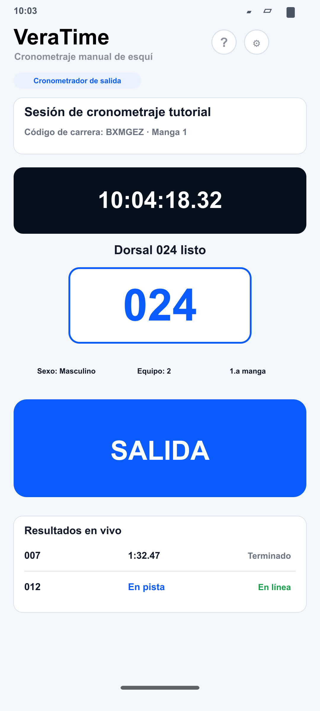 Pantalla del Cronometrador de salida en Android