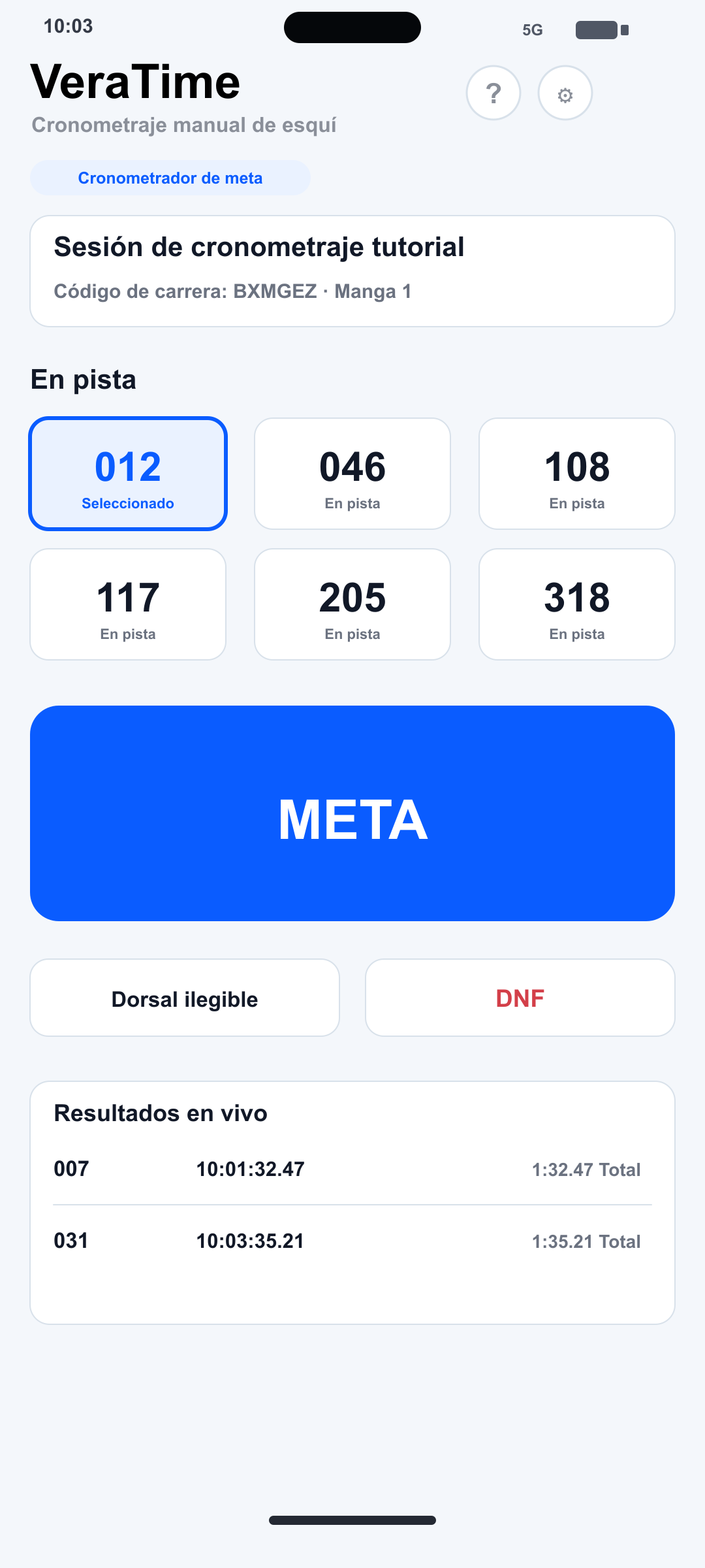 Pantalla del Cronometrador de meta en iPhone