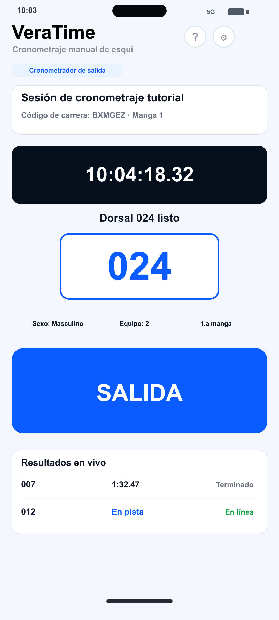 Pantalla del Cronometrador de salida en iPhone