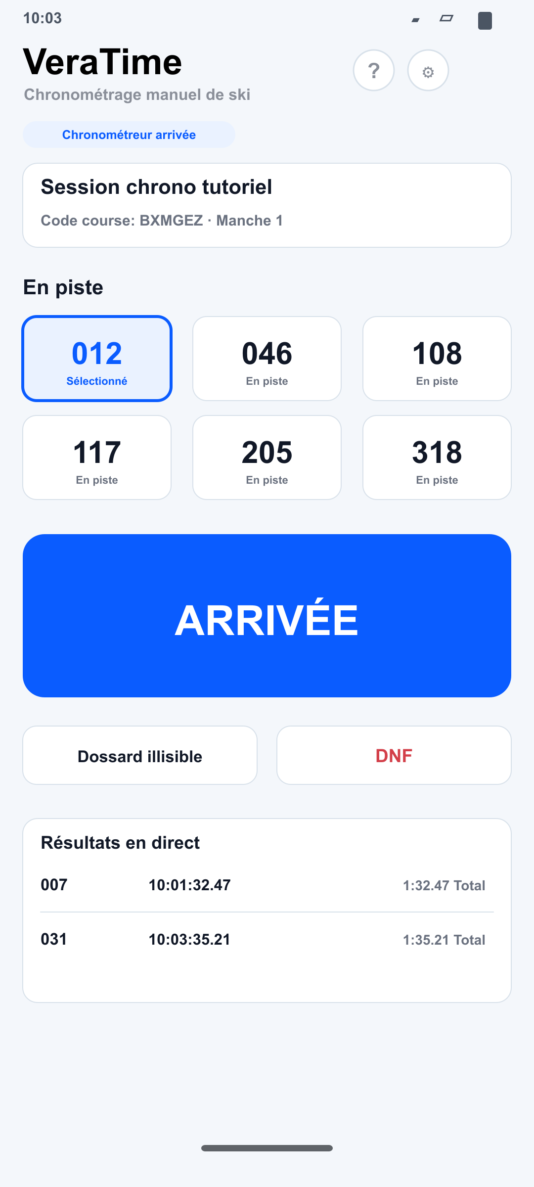 Écran Chronométreur arrivée sur Android