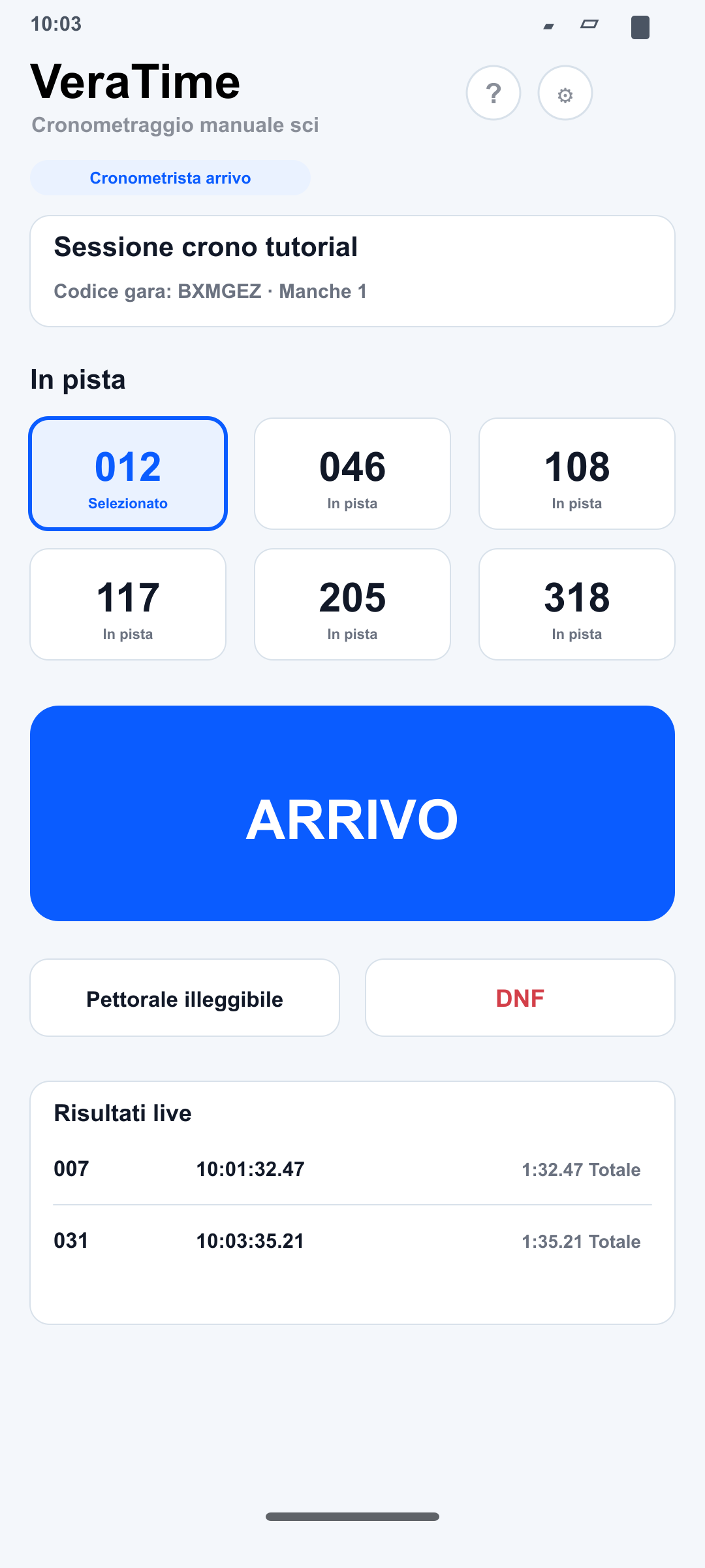 Schermata Cronometrista arrivo su Android