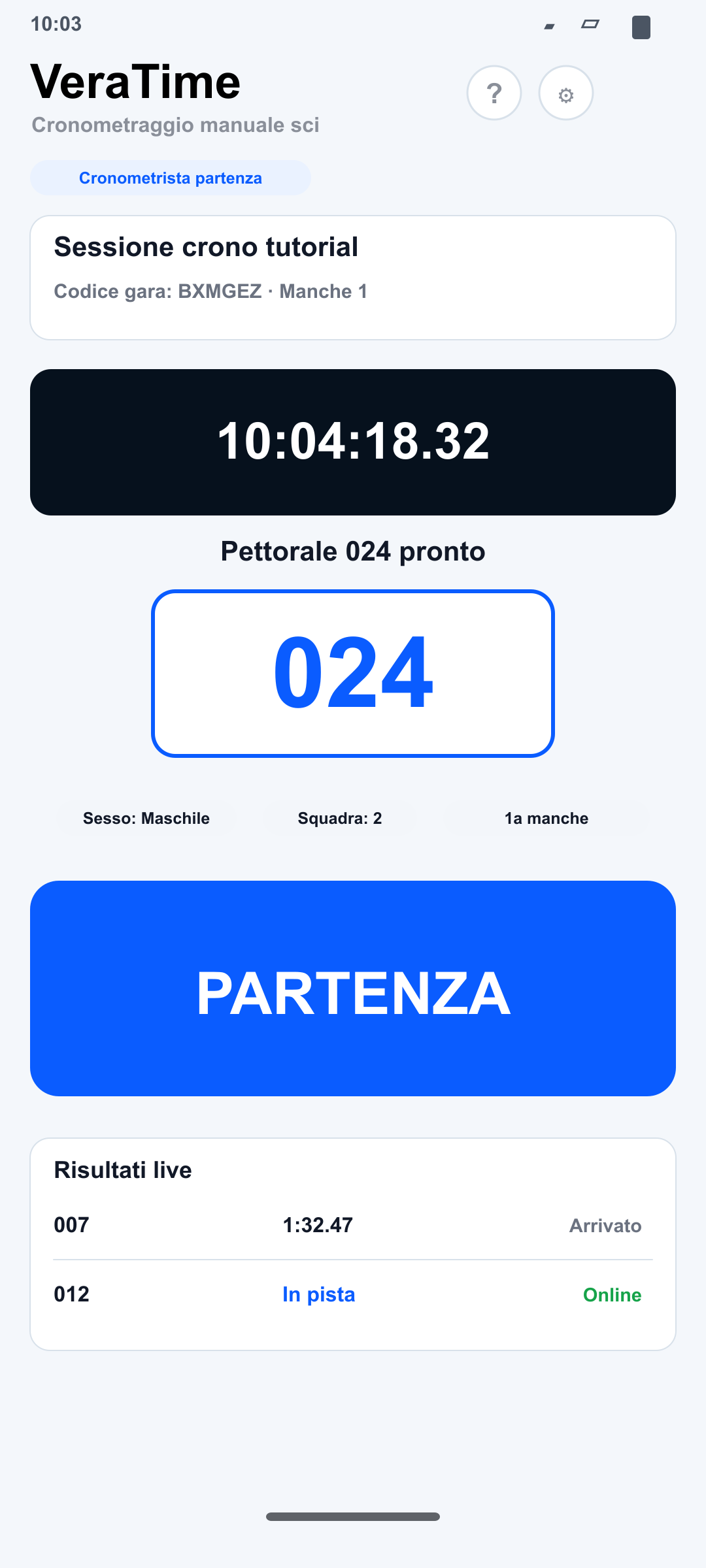 Schermata Cronometrista partenza su Android