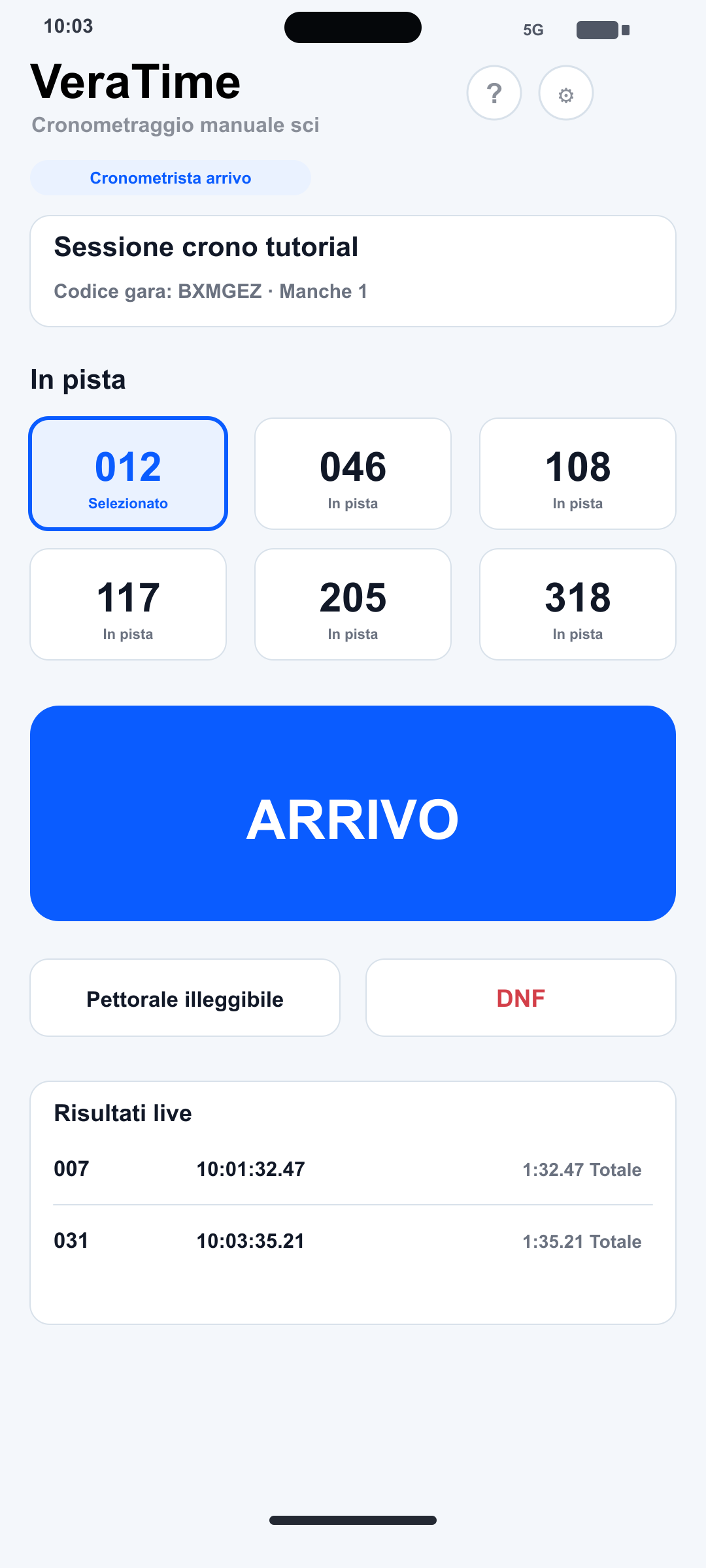 Schermata Cronometrista arrivo su iPhone