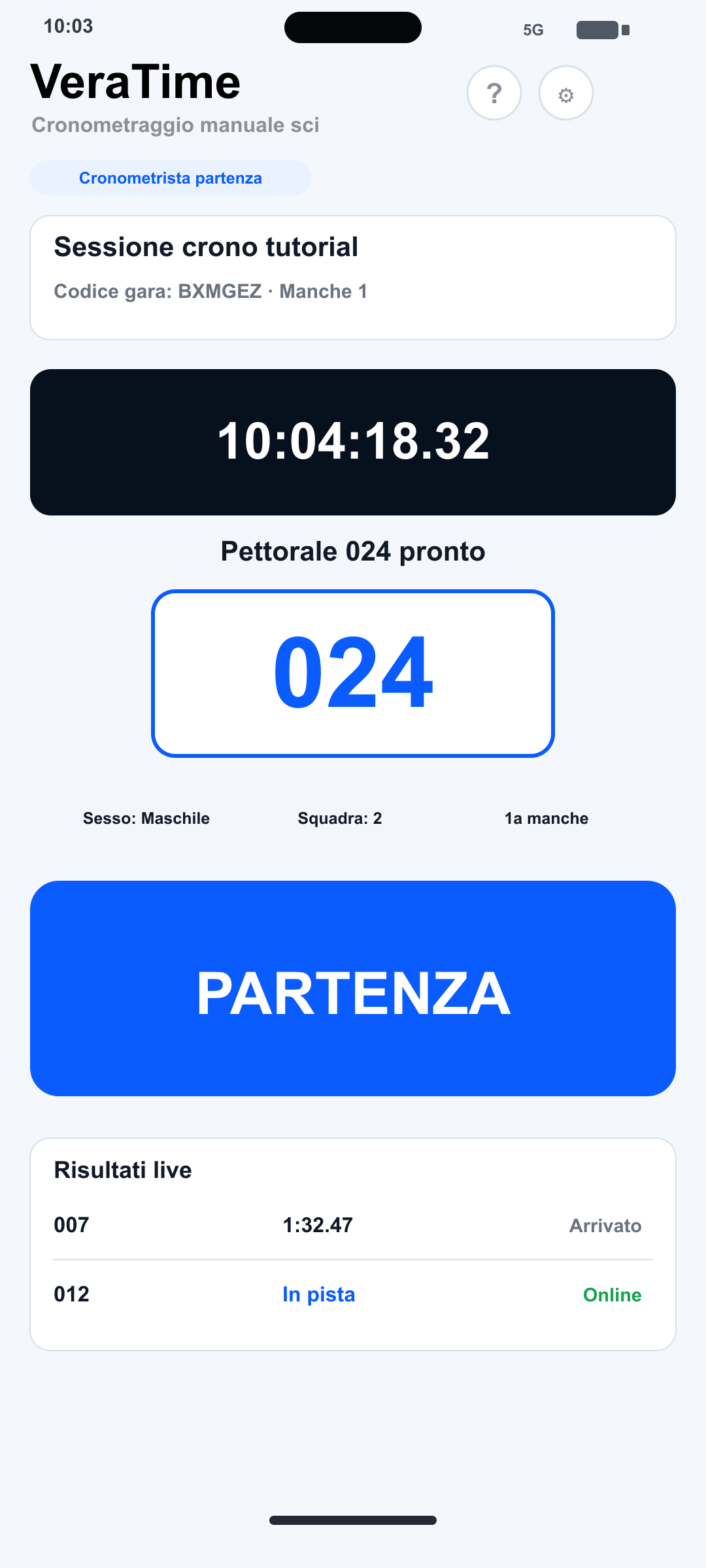Schermata Cronometrista partenza su iPhone